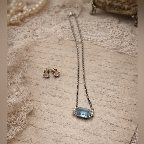 Avon Jewelry - 007 Avon Aqua Blue Glass Stone Necklace Pearl Accents w/ Bonus Stud Earrings